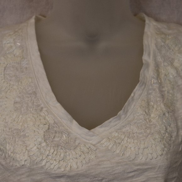 Talbots White Beaded Collar V Neck Cotton Embroidered TShirt Top L - Picture 6 of 12